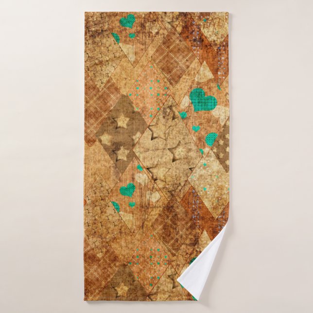 Motif de patchwork de grunge Brown avec étoiles et (Serviette de bain)