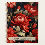 Motif de pivoine florale rouge personnalisé<br><div class="desc">Belles et élégantes grandes peonies rouges répétées sur un planificateur arrière - plan noir. Ajoutez votre nom devant cet élégant planificateur pour personnaliser davantage cette beauté.</div>