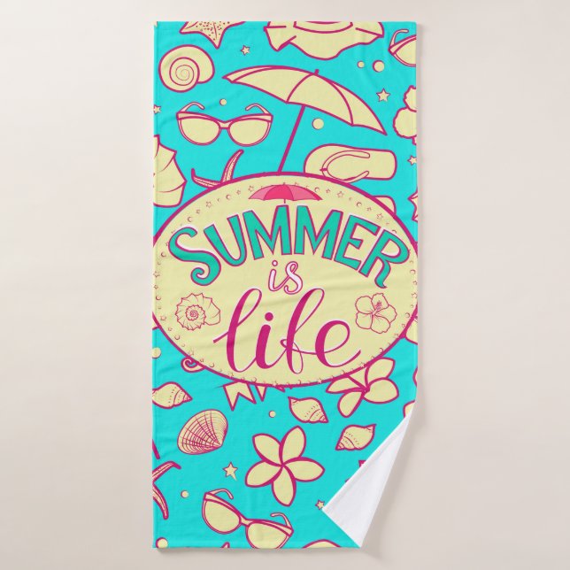 Motif d'été sur arrière - plan turquoise : paraplu (Serviette de bain)