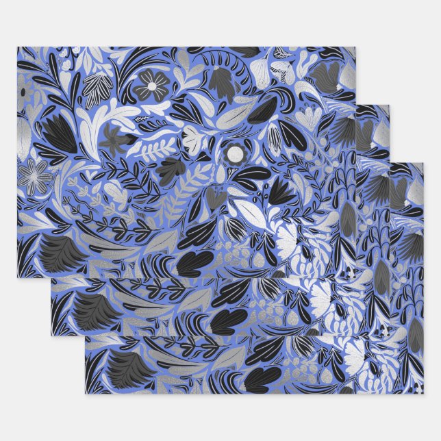 Motif d'illustration Feuilles floral bleu argent (Lot)