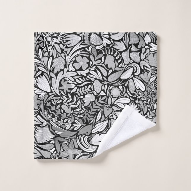 Motif d'illustration Feuilles floraux noirs argent (Gant de toilette)