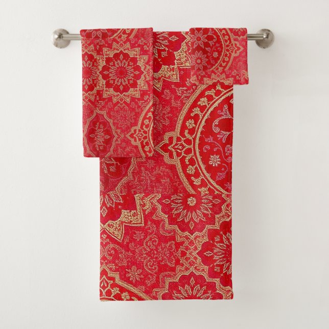 MOTIF doré rouge ORIENTAL - Ensemble de serviettes (En situation)
