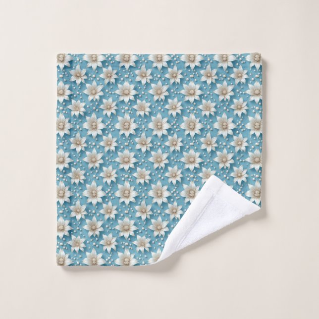 Motif Élégant de Fleur Blanche avec Perles (Gant de toilette)