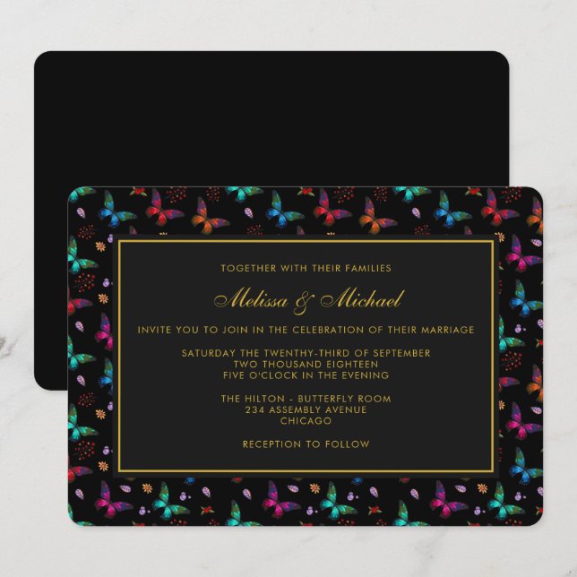 Motif élégant de papillon sur invitation de mariag (Devant / Derrière)
