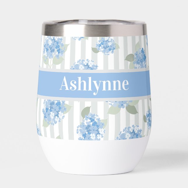 Motif Élégant d'Hydrangea Bleue Rayure Grise Nom (Arrière)
