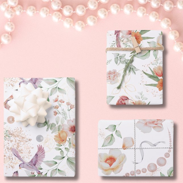 Motif élégant floral Fleurs jolies Feuilles Oiseau (Floral Elegant Pattern with Pretty Flowers, Leaves, and Birds Wrapping Paper Sheets)