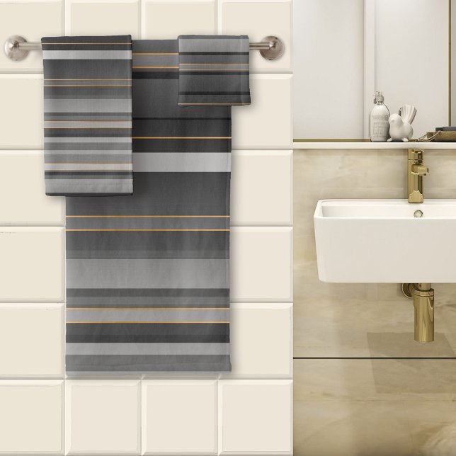 Motif élégant rayé noir gris or rose (A beautiful striped bathroom towel set in black and grey colors with tiny rose gold lines.)