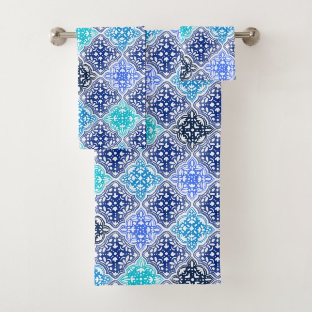 Motif en carrelage marocain peint en bleu (En situation)