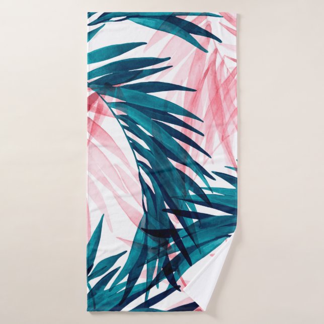 Motif feuille de palmier vert et rose (Serviette de bain)