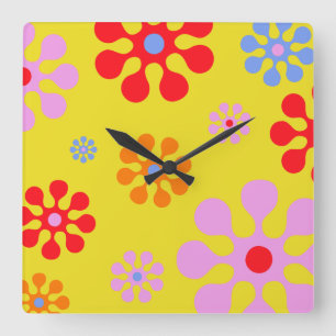 Motif Fleur Fraîche Rétro Horloge Mur Jaune