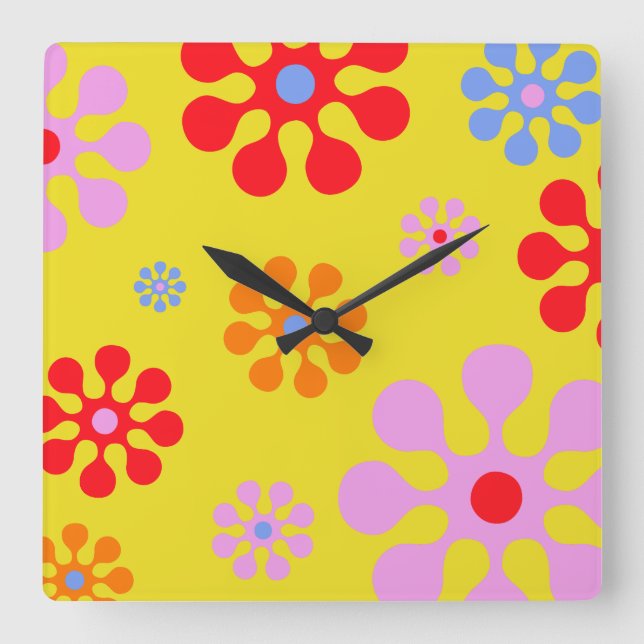 Motif Fleur Fraîche Rétro Horloge Mur Jaune (Recto)