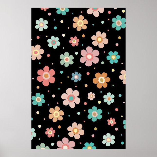 Motif Fleur Multicolore Migné Sur Poster Noir (Devant)