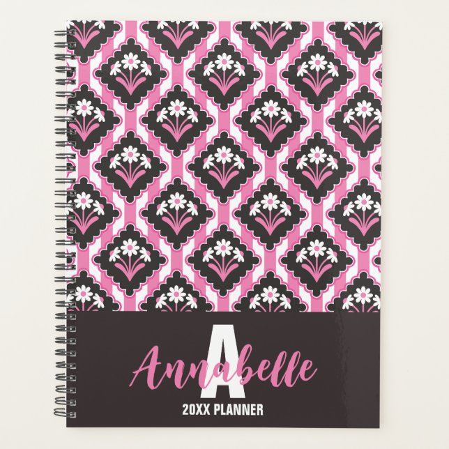 Motif floral à rayures rose noir blanc Daisy (Devant)