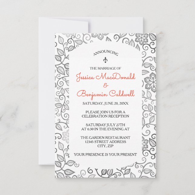 Motif floral B & W - Faire-part de mariage 3X5 (Devant)