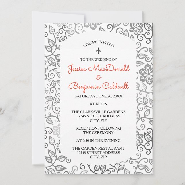 Motif floral B&W - Invitation de mariage et de réc (Devant)