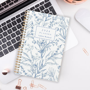 Motif floral bleu blanc délicat Monogramme 2024