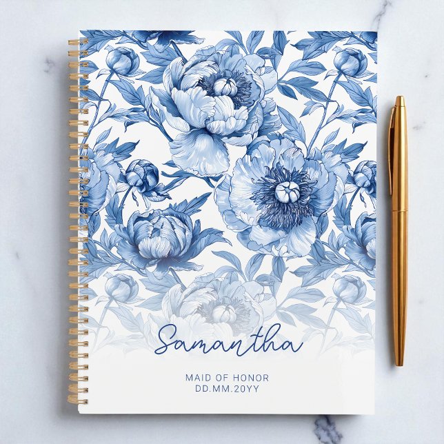 Motif floral bleu Fleur Script Maid of Honor (Floral Blue Flower Pattern Script Maid of Honor Planner)