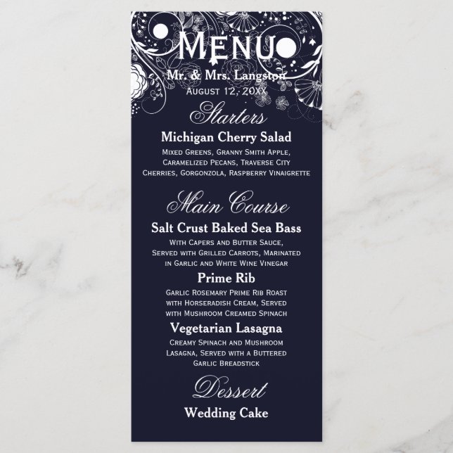 Motif floral bleu marine/blanc - Menu de réception (Devant)