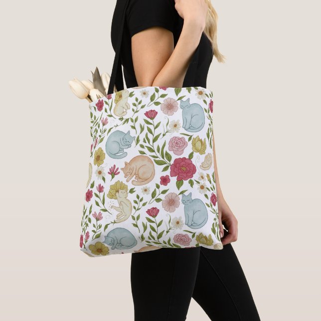 Motif Floral Chats Sac fourre-tout réutilisable (De près)