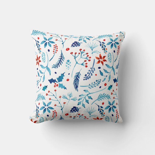 Motif floral de Noël aquarelle | Oreiller (Recto)