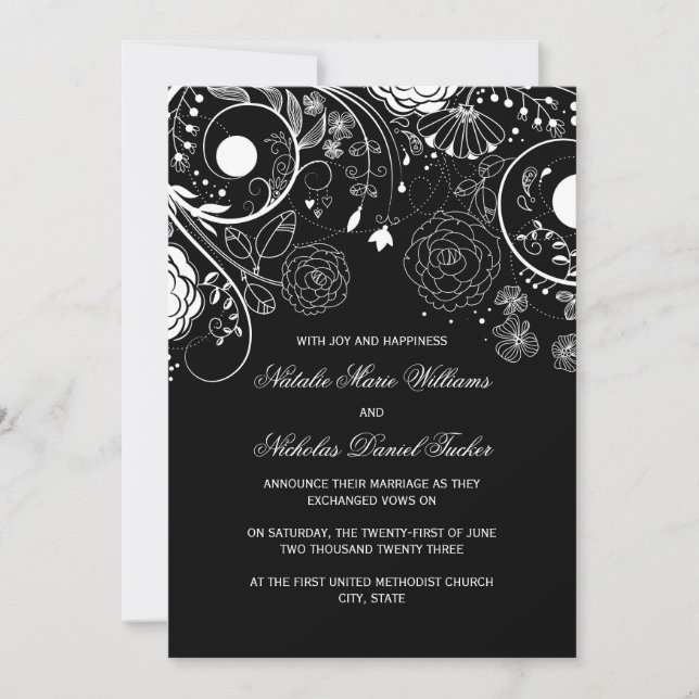 Motif floral noir/blanc - Faire-part de mariage (Devant)