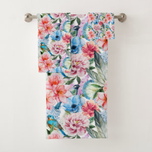 Motif floral oiseaux feuillage fleurs vert bleu