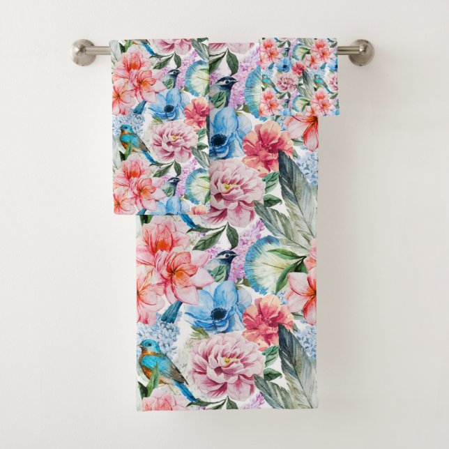 Motif floral oiseaux feuillage fleurs vert bleu (En situation)