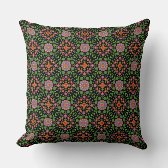 Motif floral Rangoli sur Coussin noir ou coussin (Recto)