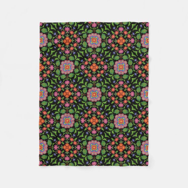 Motif floral Rangoli sur couverture polaire noire (Devant)