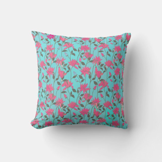 Motif floral rose sur oreiller Turquoise (Recto)