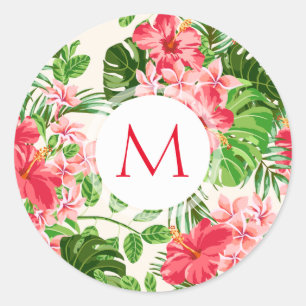 Motif floral Rouge Hibiscus Monogramme Autocollant