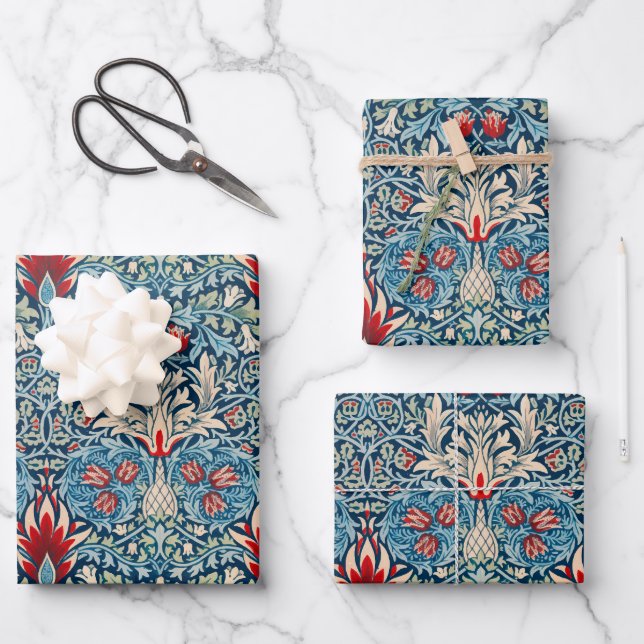 Motif floral sur fond bleu de feuilles vertes (Recto)
