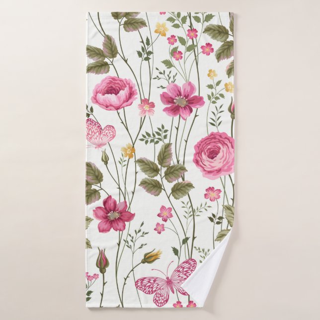 motif floral transparent avec rose et papillon (Serviette de bain)