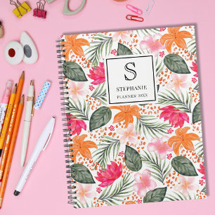 Motif floral tropical aquarelle monogramme et nom