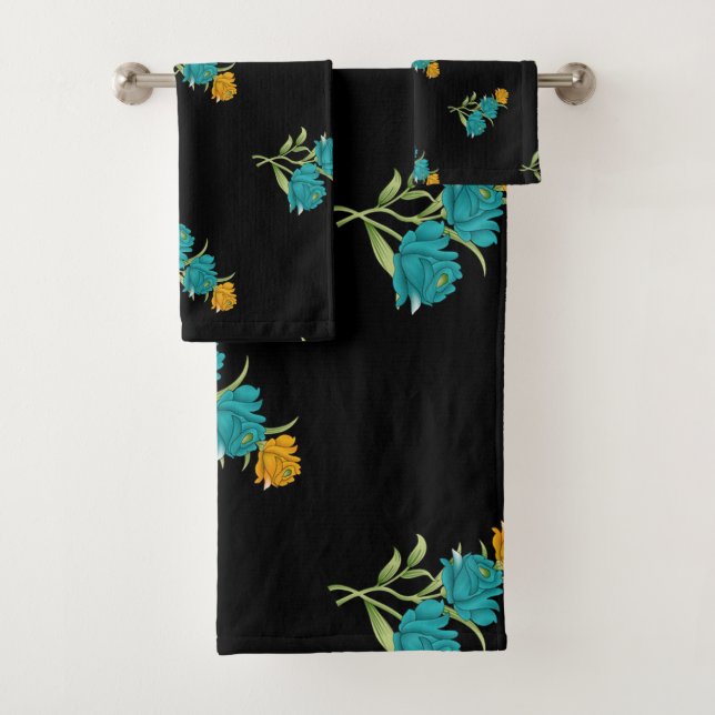 Motif floral Turquoise Coral vert sur noir (En situation)