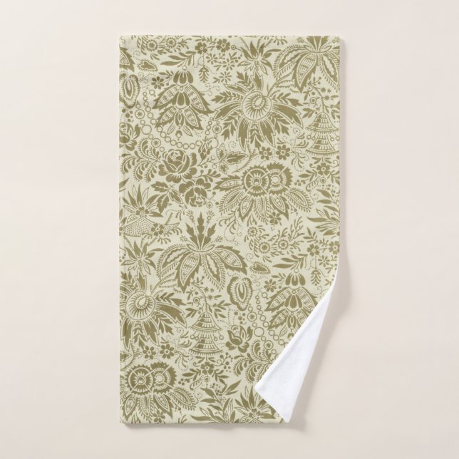 Motif Floral Vert Sage Antique Damas (Serviette à main)