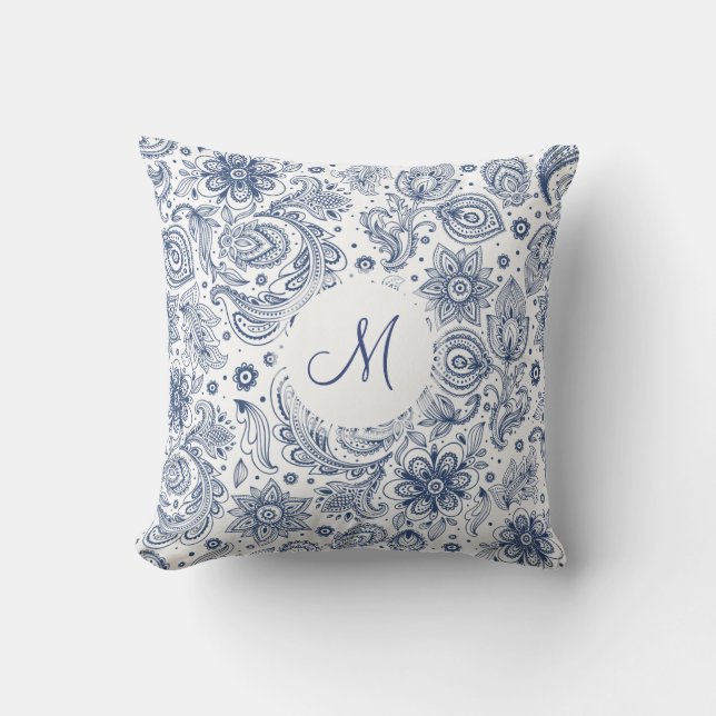 Motif Floral Vintage bleu Coussin Monogramme (Recto)