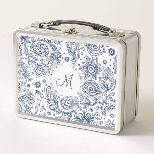 Motif Floral Vintage Bleu Monogramme Lunchbox (Devant)
