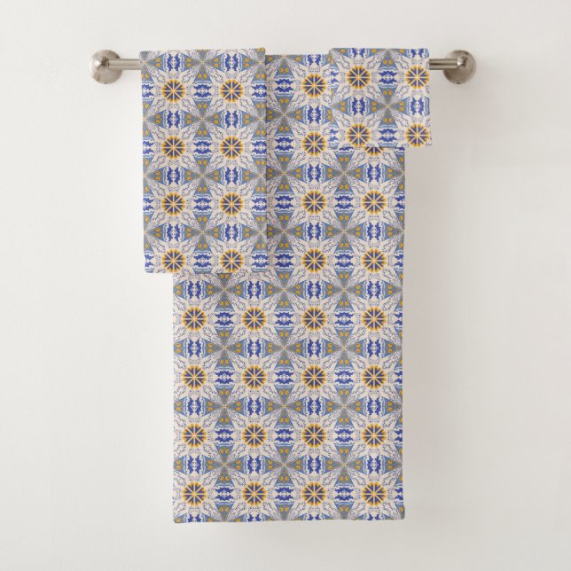 motif géométrique bleu, jaune et blanc complexe  (En situation)