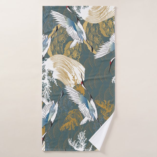 Motif japonais Vintage Crane Birds (Serviette de bain)