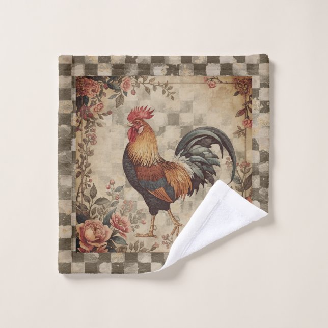 Motif joli coq vintage et fleurs  (Gant de toilette)