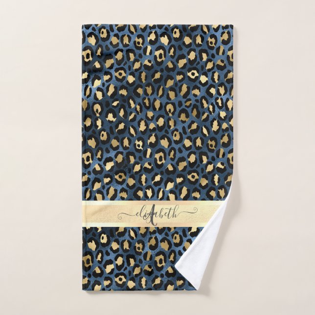 Motif léopard bleu or monogramme (Serviette à main)
