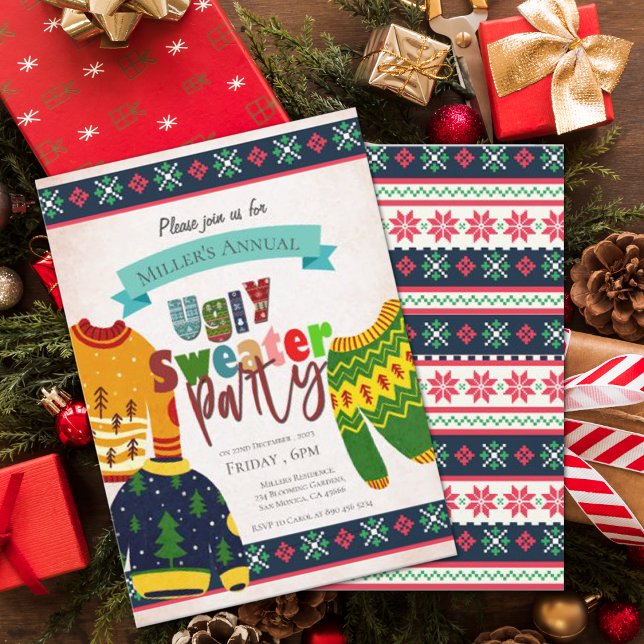Motif moche de fête de Noël Invitation (Ugly Sweater Pattern Christmas Party Invitation)