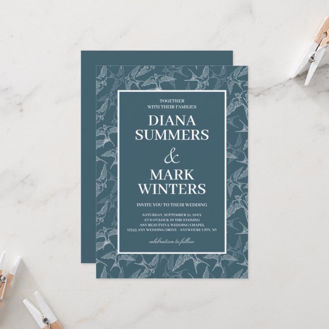 Motif moderne avec hirondelle. Faire-part de maria (Devant/Arrière en situation)