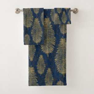 Motif Navy Blue Damask & Gold Fern Leaf