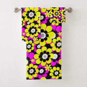 Motif néon floral lumineux cramoisi et flux jaune