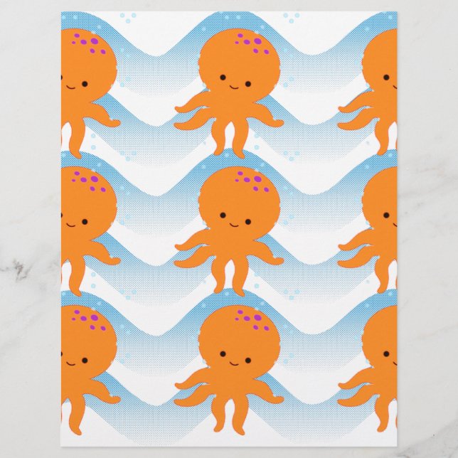 Motif Octopus Orange Et Vagues Bleues (Devant)