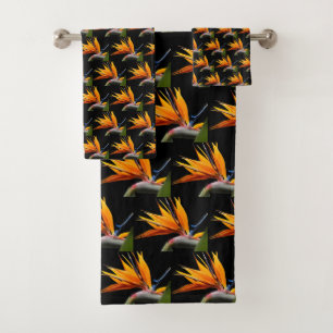 Motif Plante Orange Bird of Paradise sur Noir