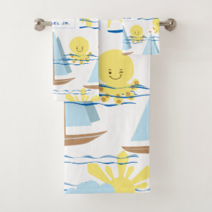Motif pour enfants ensoleillés, bateau, pieuvre e