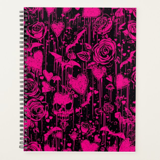 Motif Roses gothiques et crânes rose vif (Devant)